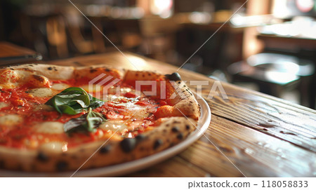closeup pizza on wooden table in pizzeria restaurant background 118058833