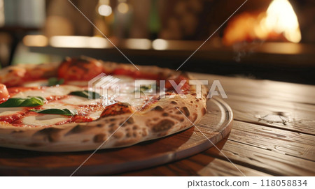 closeup pizza on wooden table in pizzeria restaurant background 118058834