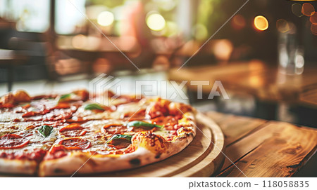 closeup pizza on wooden table in pizzeria restaurant background 118058835