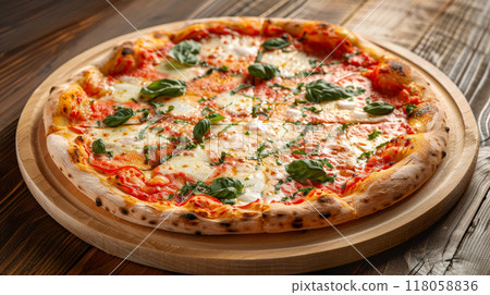 pizza on wooden table with ingredients top view  118058836