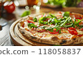 closeup pizza on wooden table with ingredients 118058837