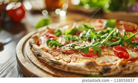 closeup pizza on wooden table with ingredients 118058837