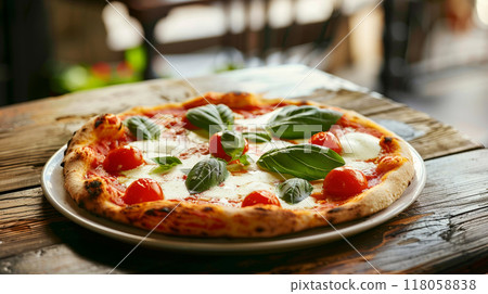 closeup pizza on wooden table with ingredients top view  118058838