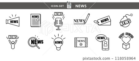 Megaphone, microphone, magnifying glass, and other news and announcement icons and illustrations set 118058964