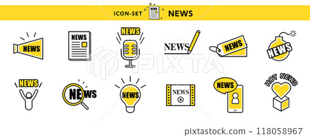 Megaphone, microphone, magnifying glass, and other news and announcement icons and illustrations set 118058967
