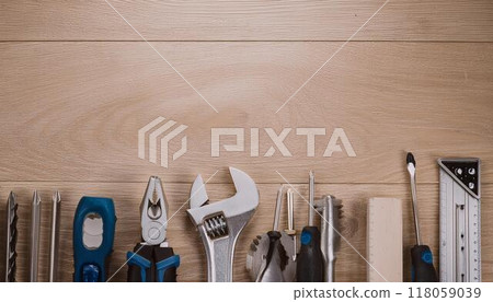 Tools on a wooden workbench 118059039