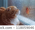 Red cute scottish fold cat looks out of the window on an autumn leaf	 118059046