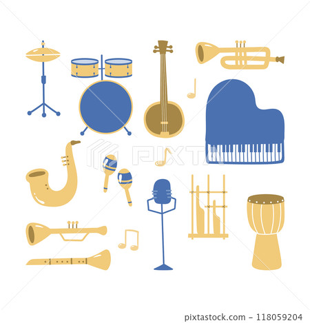 Musical instruments set with piano saxophone angklung drum microphone Musical instruments set with piano saxophone angklung drum microphone 118059204