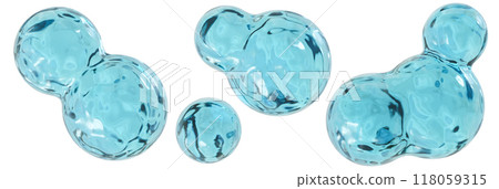 Vivid 3D render of water molecules in varying sizes, showcasing translucent blue spheres connected seamlessly, isolated on white background, symbolizing molecular structure and scientific concept. 118059315