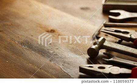 Tools on a wooden workbench 118059377
