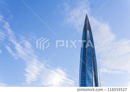 the top of the Lakhta Center skyscraper against the evening sky 118059527