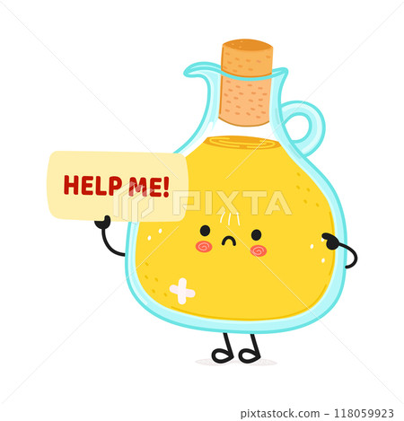 Cute sad sick Olive oil asks for help character. Vector hand drawn cartoon kawaii character illustration icon. Isolated on white background. Suffering unhealthy Olive oil character concept 118059923