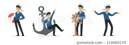 Man Sailor Character in Striped Blue Shirt and Cap Vector Set 118060170