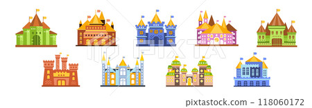 Fairytale Medieval Castle with Tower and Flags Vector Set 118060172