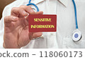 Conceptual sensitive information symbol. Copy space. Sensitive information message written on the red card in the man's hand 118060173