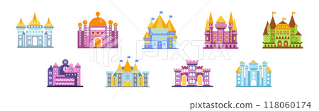 Fairytale Medieval Castle with Tower and Flags Vector Set 118060174