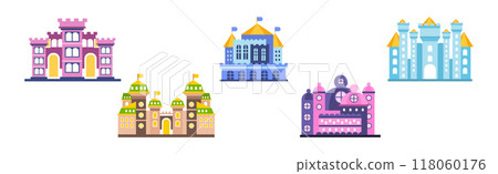 Fairytale Medieval Castle with Tower and Flags Vector Set 118060176