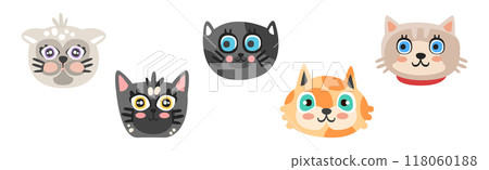 Funny Cat Muzzle and Smiling Snout Vector Set 118060188