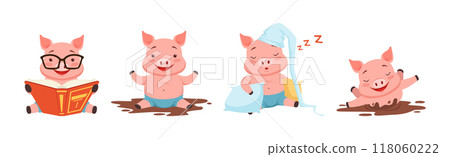 Little Pig Character Engaged in Different Activity Vector Set Little Pig Character Engaged in Different Activity Vector Set 118060222