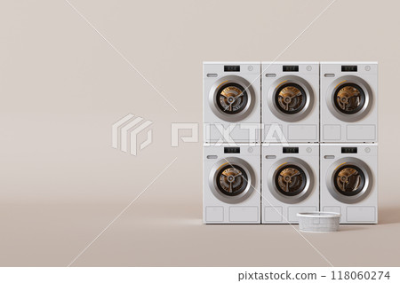 Row of washing machines, public laundry concept. Beige background, copy space for text. Commercial cleaning service. Laundromat. Shared amenities. Self-service, coin laundry, or coin wash. 3D render. 118060274