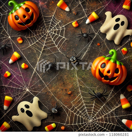 ：色彩繽紛的南瓜和幽靈萬聖節裝飾品 118060281