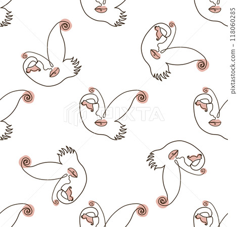 Woman face Continuous line seamless pattern. Abstract Female portrait with Butterfly. Drawing vector Wallpaper 118060285