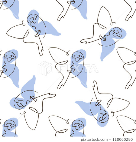Woman face Continuous line seamless pattern. Abstract Female portrait with Butterfly. Drawing vector Wallpaper 118060290