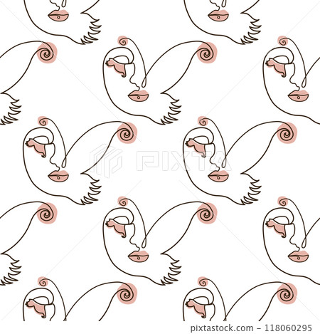 Woman face Continuous line seamless pattern. Abstract Female portrait with Butterfly. Drawing vector Wallpaper 118060295