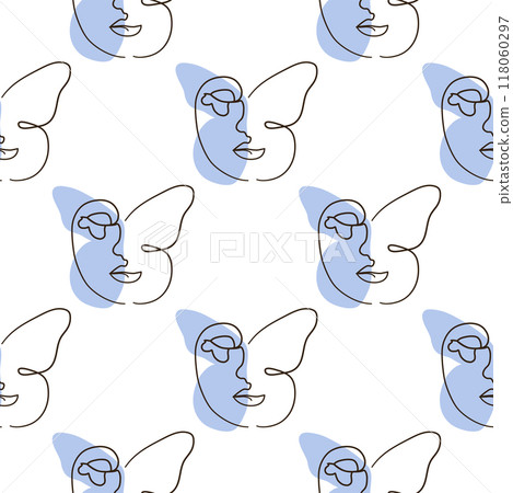 Woman face Continuous line seamless pattern. Abstract Female portrait with Butterfly. Drawing vector Wallpaper Woman face Continuous line seamless pattern. Abstract Female portrait with Butterfly. Drawing vector Wallpaper 118060297