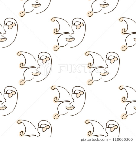 Woman face Continuous line seamless pattern. Abstract Female portrait with Butterfly. Drawing vector Wallpaper 118060300