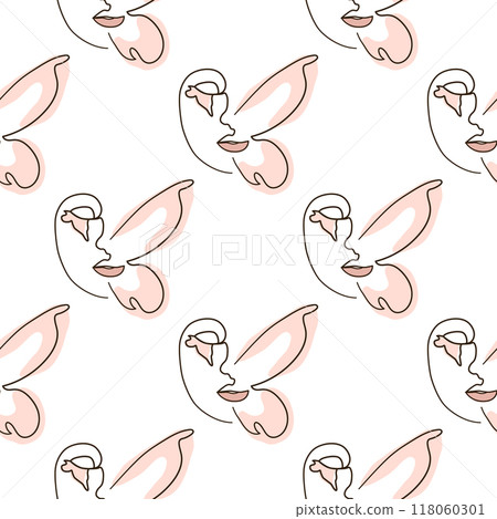 Woman face Continuous line seamless pattern. Abstract Female portrait with Butterfly. Drawing vector Wallpaper 118060301