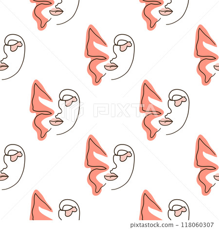 Woman face Continuous line seamless pattern. Abstract Female portrait with Butterfly. Drawing vector Wallpaper 118060307
