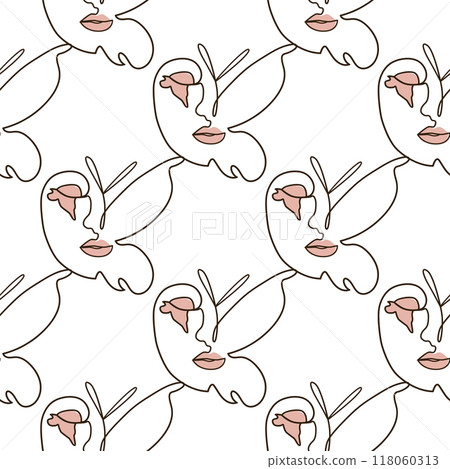 Woman face Continuous line seamless pattern. Abstract Female portrait with Butterfly. Drawing vector Wallpaper Woman face Continuous line seamless pattern. Abstract Female portrait with Butterfly. Drawing vector Wallpaper 118060313