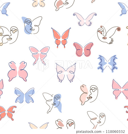 Woman face Continuous line seamless pattern. Abstract Female portrait with Butterfly. Drawing vector Wallpaper Woman face Continuous line seamless pattern. Abstract Female portrait with Butterfly. Drawing vector Wallpaper 118060332