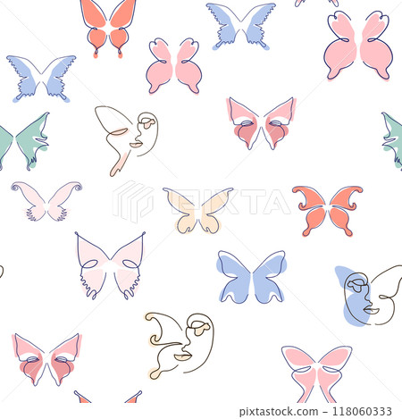 Woman face Continuous line seamless pattern. Abstract Female portrait with Butterfly. Drawing vector Wallpaper Woman face Continuous line seamless pattern. Abstract Female portrait with Butterfly. Drawing vector Wallpaper 118060333