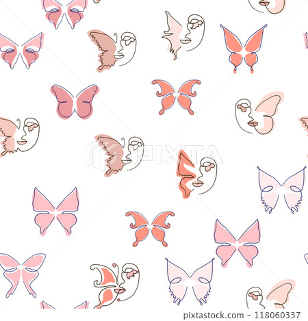 Woman face Continuous line seamless pattern. Abstract Female portrait with Butterfly. Drawing vector Wallpaper 118060337