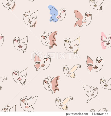 Woman face Continuous line seamless pattern. Abstract Female portrait with Butterfly. Drawing vector Wallpaper Woman face Continuous line seamless pattern. Abstract Female portrait with Butterfly. Drawing vector Wallpaper 118060343