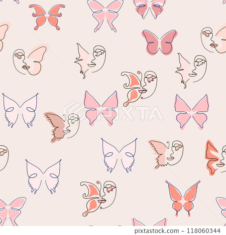 Woman face Continuous line seamless pattern. Abstract Female portrait with Butterfly. Drawing vector Wallpaper 118060344