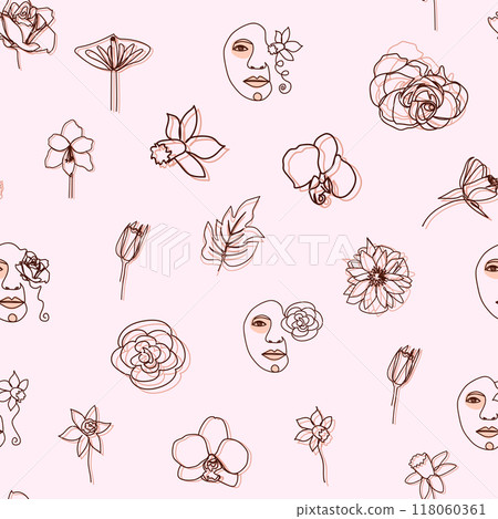 Female portrait Outline woman face, abstract flowers leaves, line continuous drawing vector seamless pattern 118060361