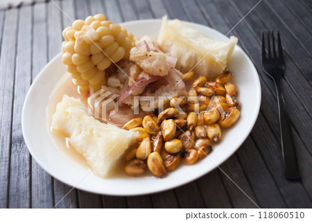 Peruvian traditional dish.fish ceviche with yuka and corn 118060510