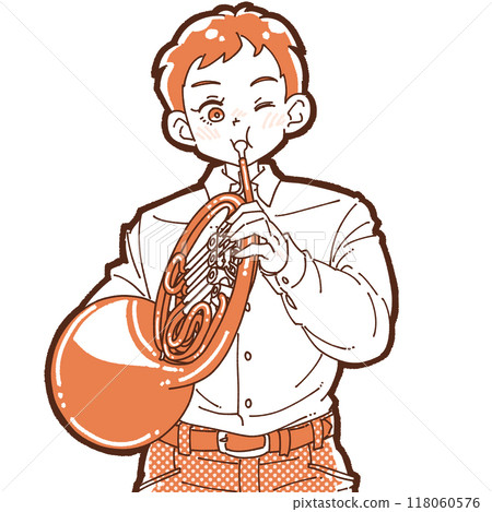 Illustration of a boy playing the horn Illustration of a boy playing the horn 118060576