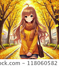一個女孩在秋天的公園裡看著秋葉 118060582