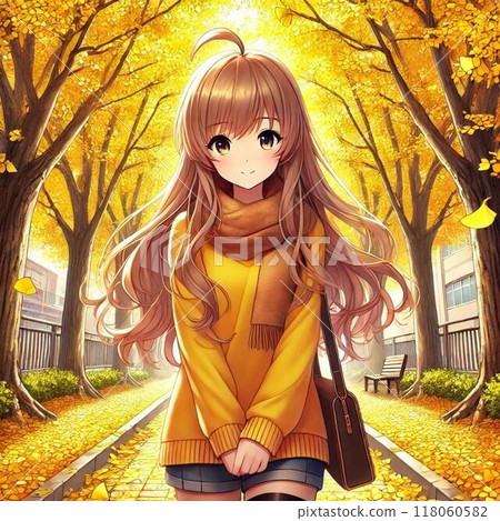 一個女孩在秋天的公園裡看著秋葉 118060582