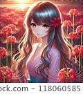 夕陽照亮的花朵背景下一位年輕女子的肖像 118060585