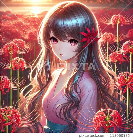 夕陽照亮的花朵背景下一位年輕女子的肖像 118060585