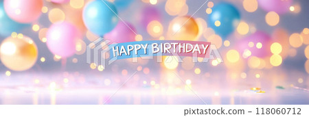 Colorful birthday decorations with shimmering balloons and festive lights 118060712