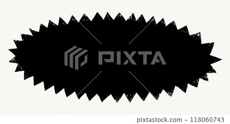 Oval shape with zigzag torn edges. Grunge style black round frame with ripped border. Black vector collage torn paper piece or vintage paint stain silhouette isolated on light background. 118060743