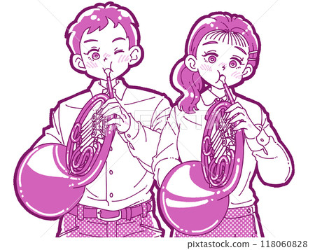 Illustration of a man and woman playing the horn 118060828