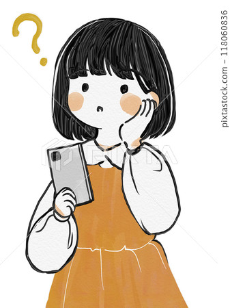 一個不知道如何使用智慧型手機的女孩的手寫插圖 一個不知道如何使用智慧型手機的女孩的手寫插圖 118060836
