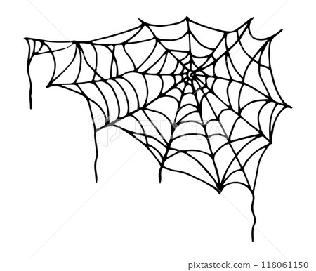 Halloween spider web line drawing. Silhouette of curved threads. Black outline art in Doodle style. Hand drawn isolated graphic clipart. Liner illustration of spider web for creepy decor and design. 118061150